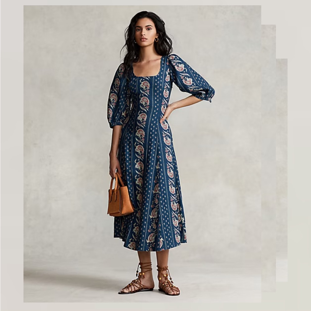 Polo by Ralph Lauren Blue Paisley Long Sleeve Maxi Dress 100% linen rare boho
